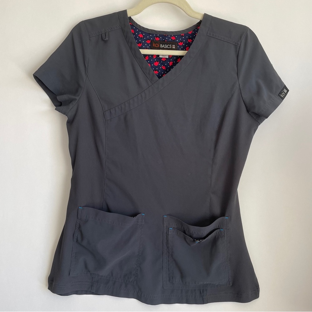 Koi Basics Scrub Top Women’s XS Gray V-Neck Stretch Style 374 — Rib Knit Sides